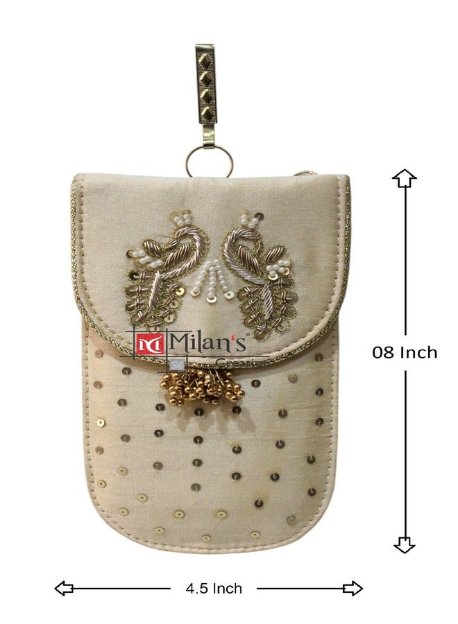 MILAN'S CREATION Mobile Pouch Zardozi & Pearls Hand Embroidery With Waist Clip Hook & Sling Chain (removable) | Ladies Women’s Handbag Wallet Sling Purse | Party Wedding Festival Giveaways Gift (Gold peacock) - Image 5